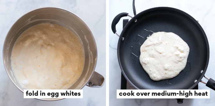 Left: Folding in the egg whites - Right: Cooking the pancakes in vegetable oil