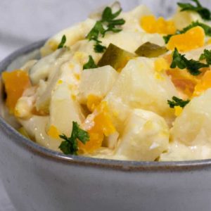 A bowl of freshly made, creamy German Potato Salad