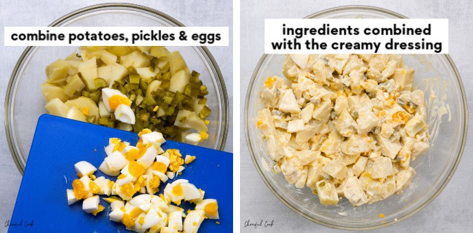 Left Image: add eggs to the potatoes and pickles | Right: combine potato salad with the creamy dressing