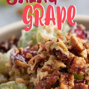 A bowl full of Grape Salad with cranberries and Graham Crackers