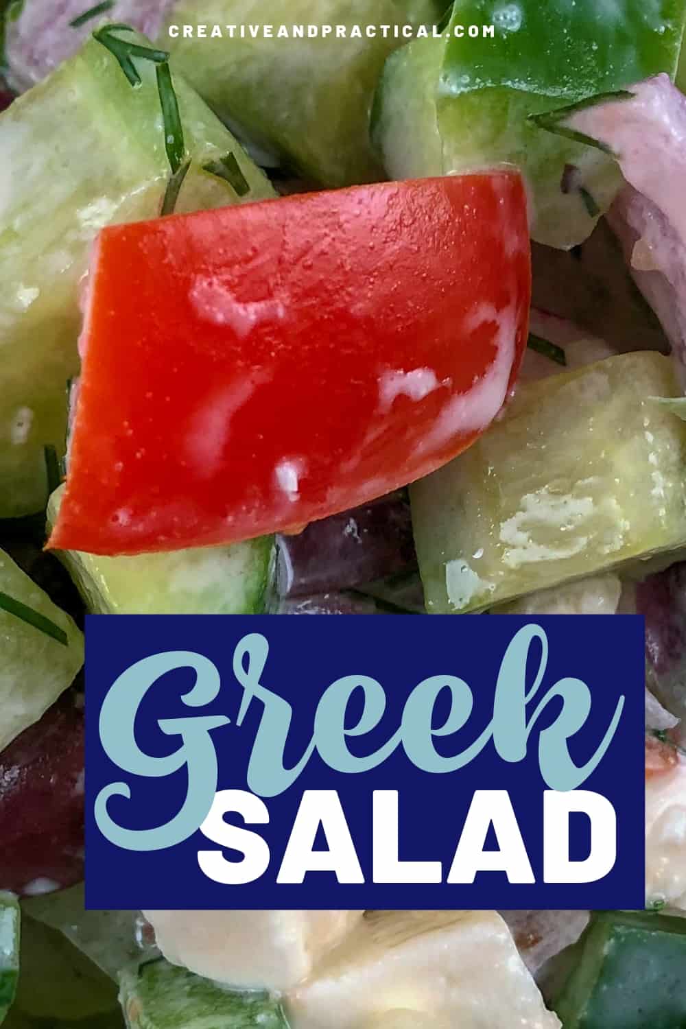 This traditional, creamy, chopped Greek Salad is simply delicious and a great option for lunch. #cheerfulcook #salad #greeksalad #recipe  #lunch #cucumber #salad #chopped #easy ♡ cheerfulcook.com via @cheerfulcook