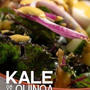 Kale and Quinoa Salad Bowl. Made with a hard boiled egg, cucumber, and red onion.