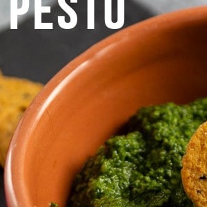 bowl of kale pesto with a sweet potato cracker for snacking