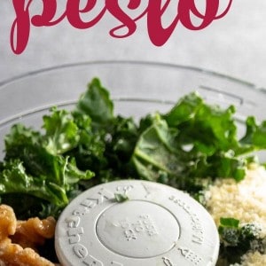 food processor filled with kale, walnuts, parmesan, and garlic