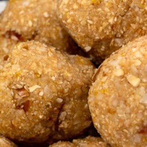 Coconut Lemon Date Balls on a plate