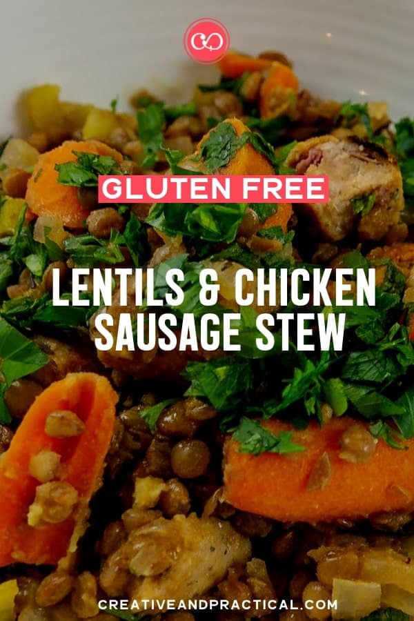 Amazing and healthy lentil stew recipe. Can easily be served over mashed potatoes. #lentils #glutenfreesausage #glutenfreerecipe #lentilrecipe #lentilstew #easydinner #creativeandpractical via @cheerfulcook