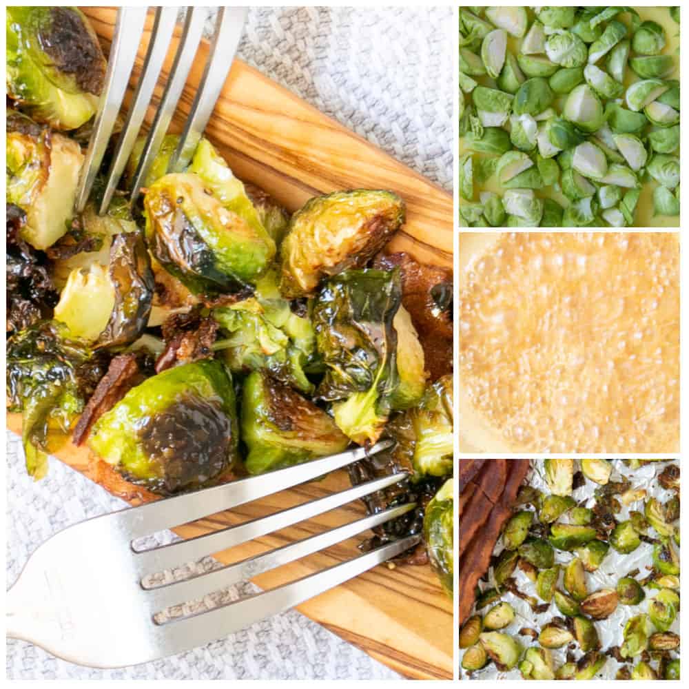 Step-by-step instructions for making maple butter roasted Brussels sprouts.