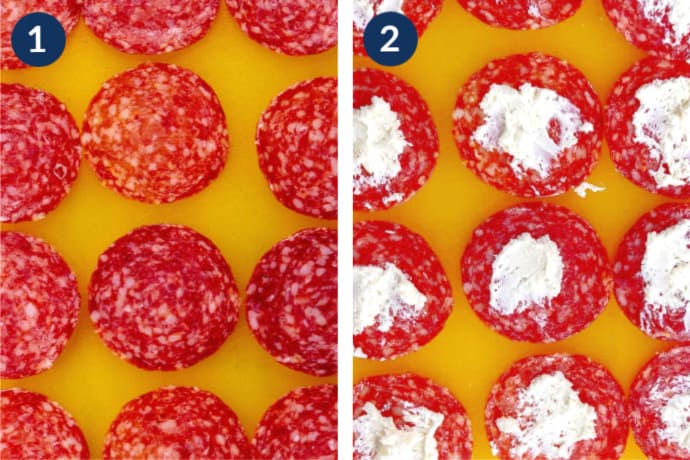 Step 1 - Spread out salami slices | Step 2 - Spread Whipped Cream Cheese over the Salami Slices