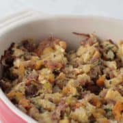 A casserole dish with made from scratch stuffing fresh out of the oven