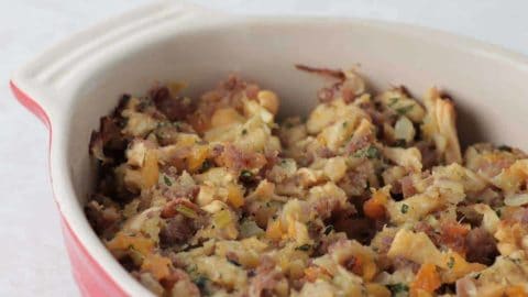 A casserole dish with made from scratch stuffing fresh out of the oven