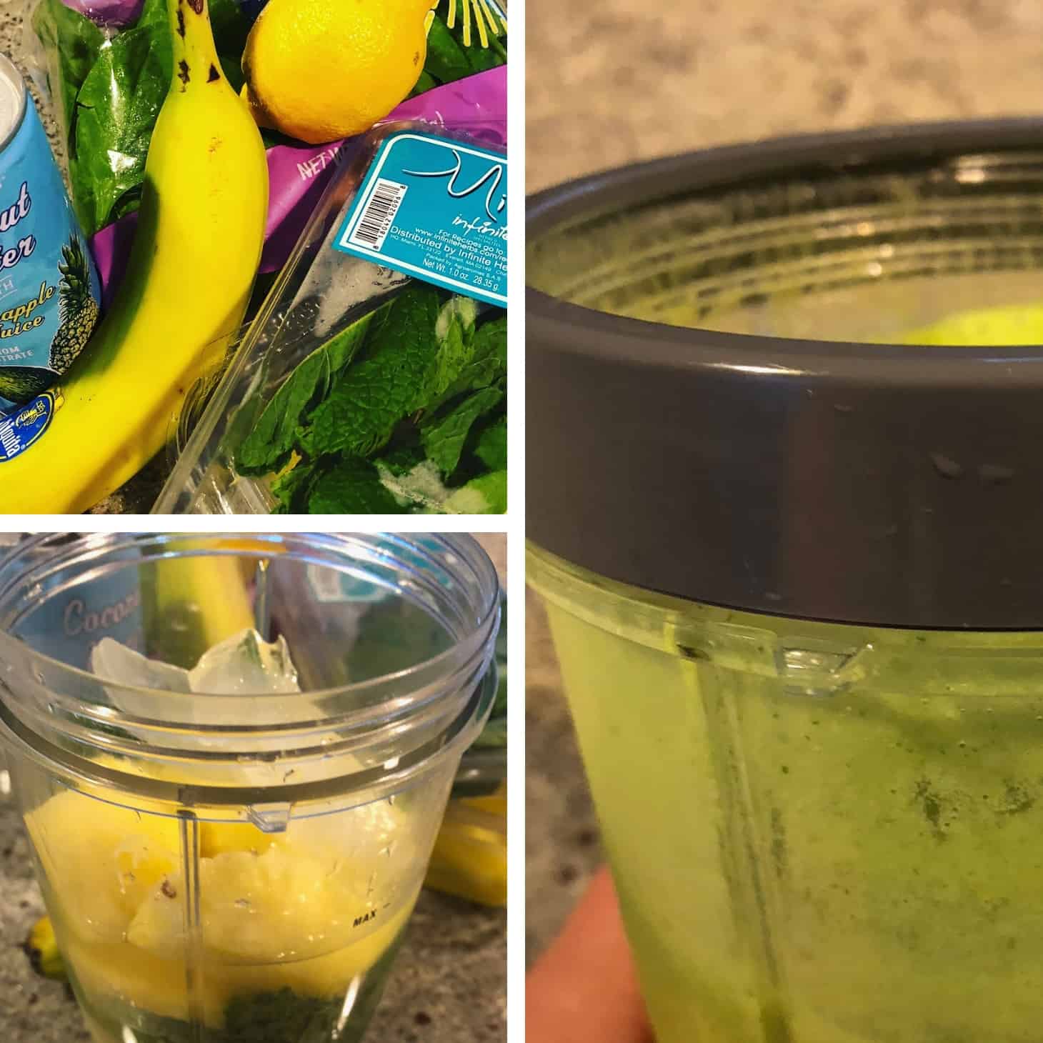 three in one picture: ingredients for the smoothie and before and after blending image of the summer smoothie