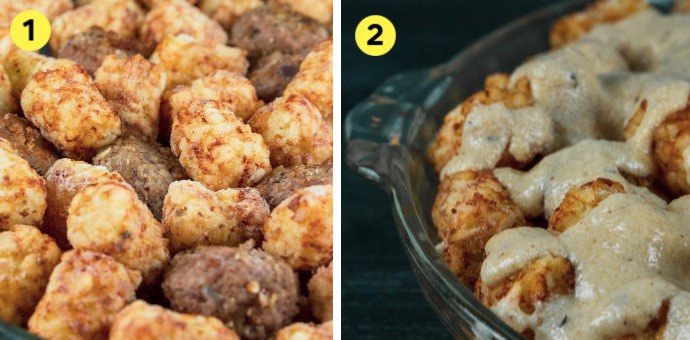 Step 1 - Assemble turkey meatballs and tater tots - Step 2: Pour Alfredo sauce over the meatballs and tater tots
