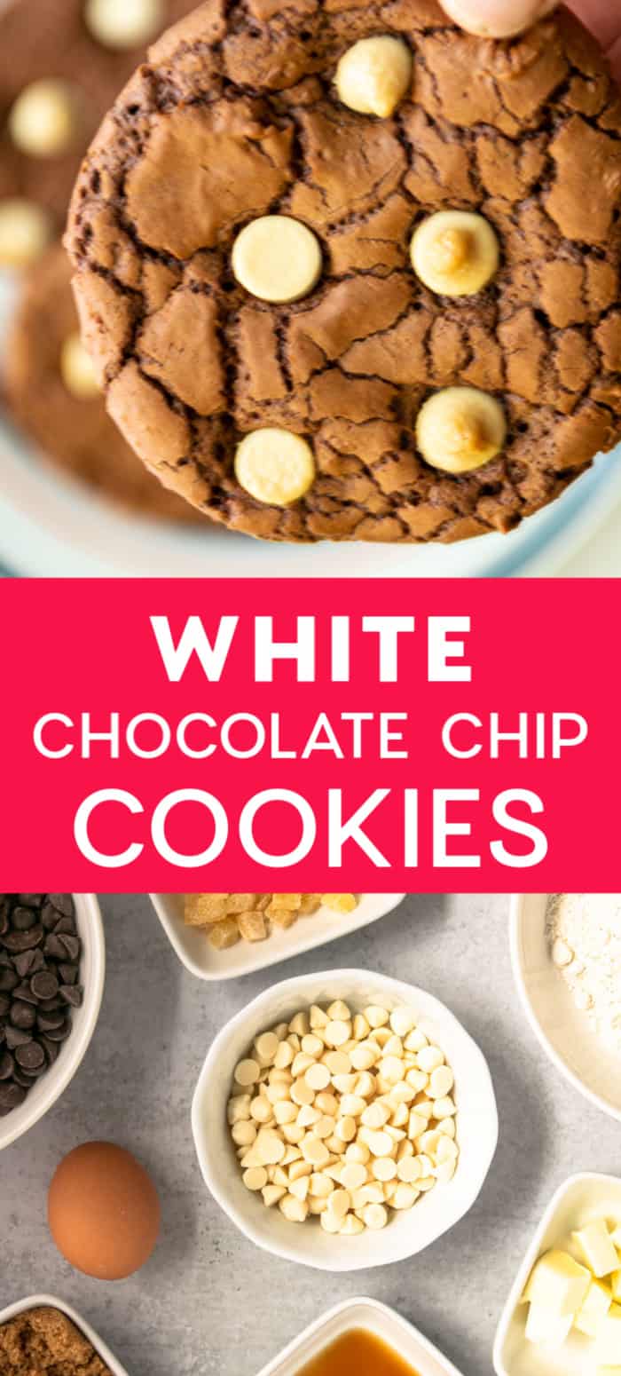 Chocolate Chip Cookie Lover Alert!! These White Chocolate Chip Cookies are chunky, chewy and so chocolatey. 
*Optional ->  Add a bit of crystallized ginger to give your cookies a little kick. DELICIOUS!!! 
#whitechocolate #semisweetchocolate
#recipes #chewy #whitechocolatechips #christmas #best #homemade #withoutbakingsoda #cispy #crunchy #gooey  #howtomake #creativeandpractical via @cheerfulcook