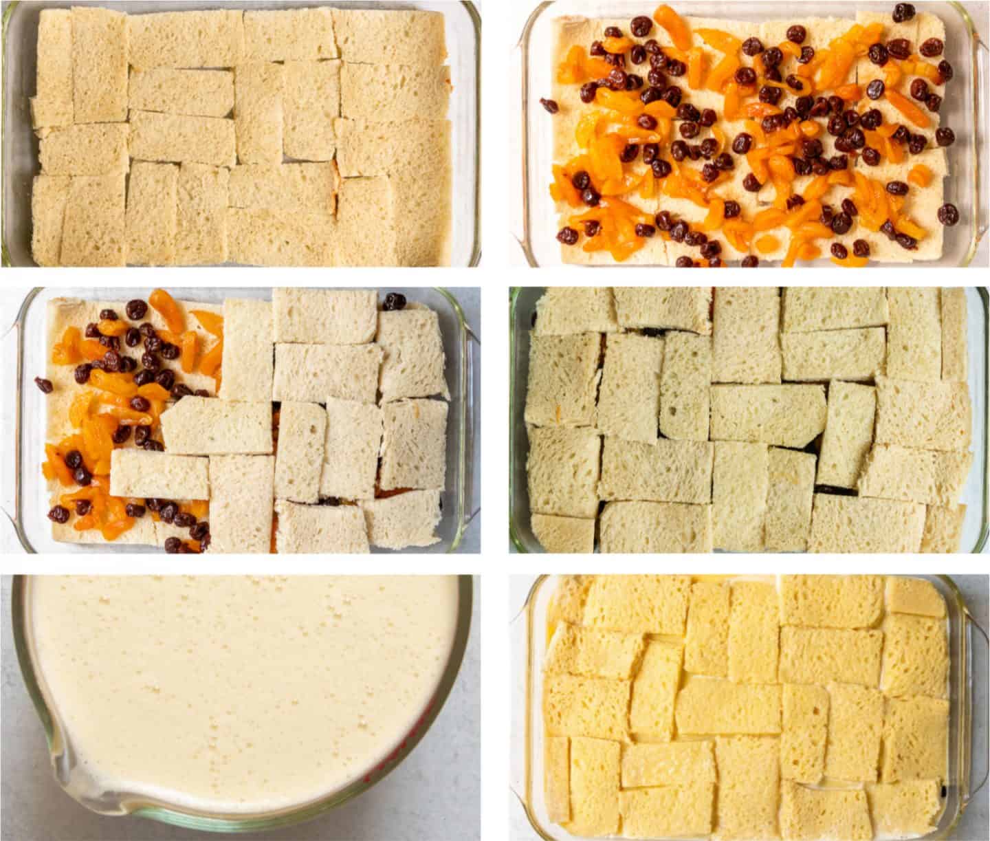 Steps of how to assemble the bread pudding, adding fresh custard