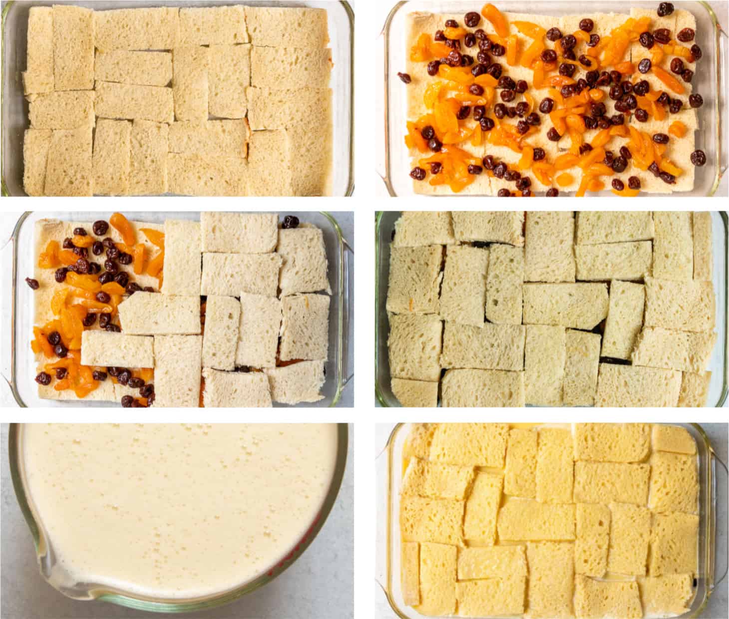 Steps of how to assemble the bread pudding, adding fresh custard