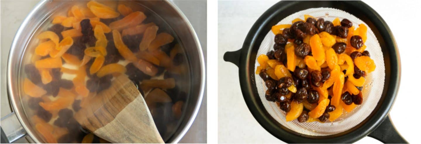Cooking the the dried apricots and cherries.