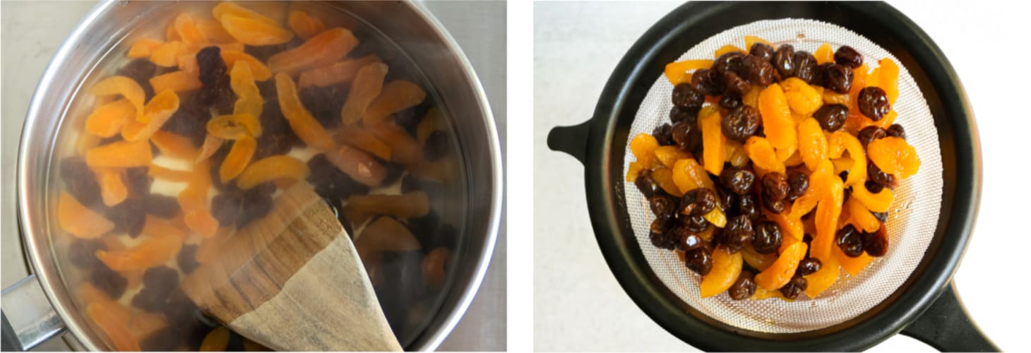 Cooking the the dried apricots and cherries. 
