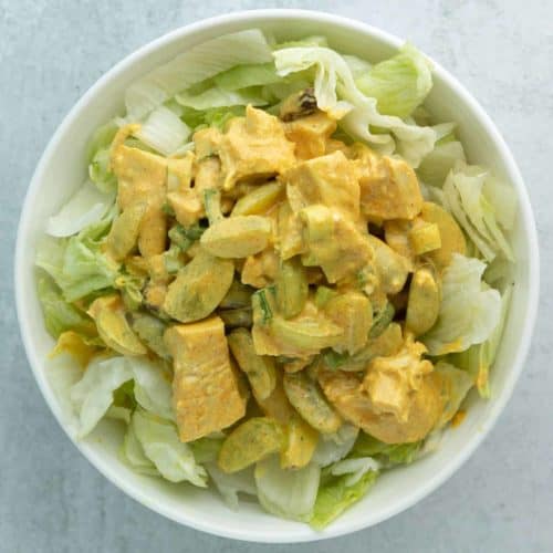 A Bowl of Curry Chicken Salad with Grapes