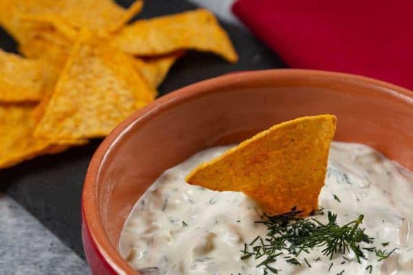 Dill Dip in a bowl served with gluten free sweet potato crackers