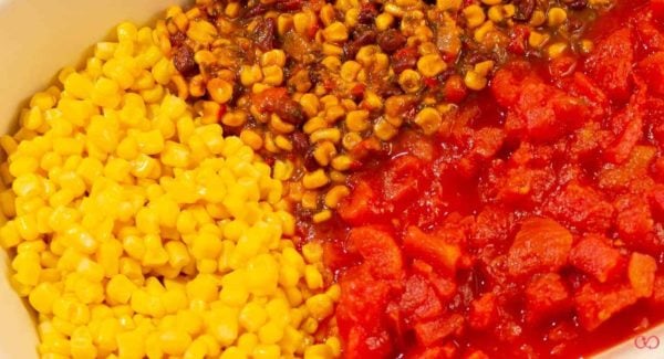 Gluten free Cowboy Caviar Casserole with cowboy salsa, corn, tomatoes #glutenfree #glutenfreerecipe #vegetarian #simplemeal #simpleglutenfreedinner