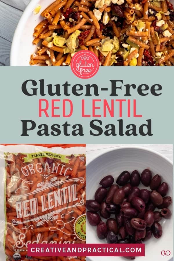 If you are new to the gluten free life or if you're a seasoned gluten free cook, try the Red Lentil Pasta salad. It's a super nutrious salad that takes no teime to prep. The Red Lentil Pasta is from Trader Joe's, but other brands carry similar products. #glutenfreepasta #glutenfreepastsasalad #traderjoes #redlentilsalad #creativeanpractical #easyandglutenfree