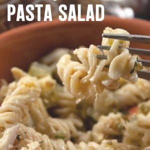 A bowl full of tuna pasta salad. Ready to eat!