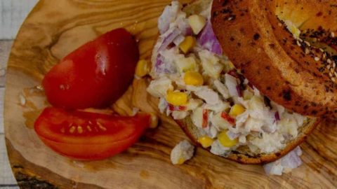 Super Simple Tuna Salad Sandwich recipe on served on a gluten free bagel.