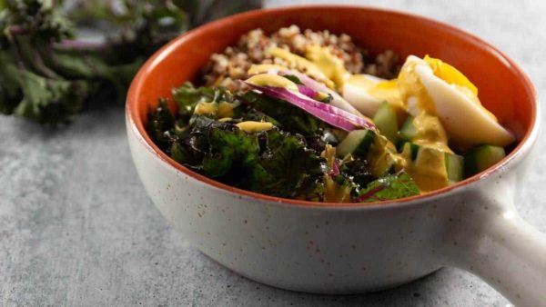 Kale and Quinoa Salad Bowl. Made with a hard boiled egg, cucumber, and red onion.