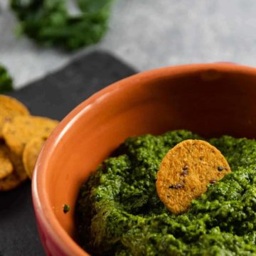 bowl of kale pesto with a sweet potato cracker for snacking