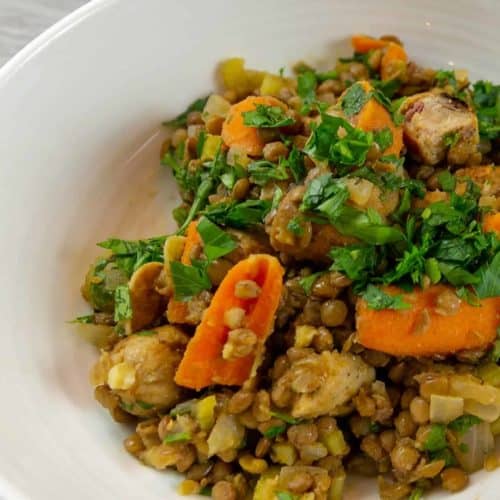 Lentil stew with chicken sausage.