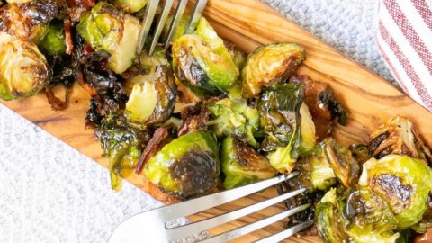 A plate of Maple Butter Brussels Sprouts with Bacon