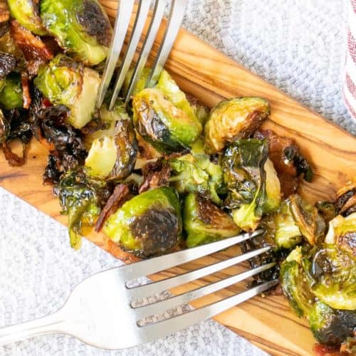A plate of Maple Butter Brussels Sprouts with Bacon