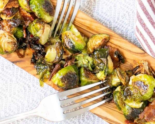 A plate of Maple Butter Brussels Sprouts with Bacon