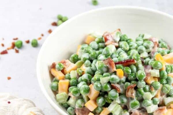 A bowl of old-fashioned, creamy pea salad