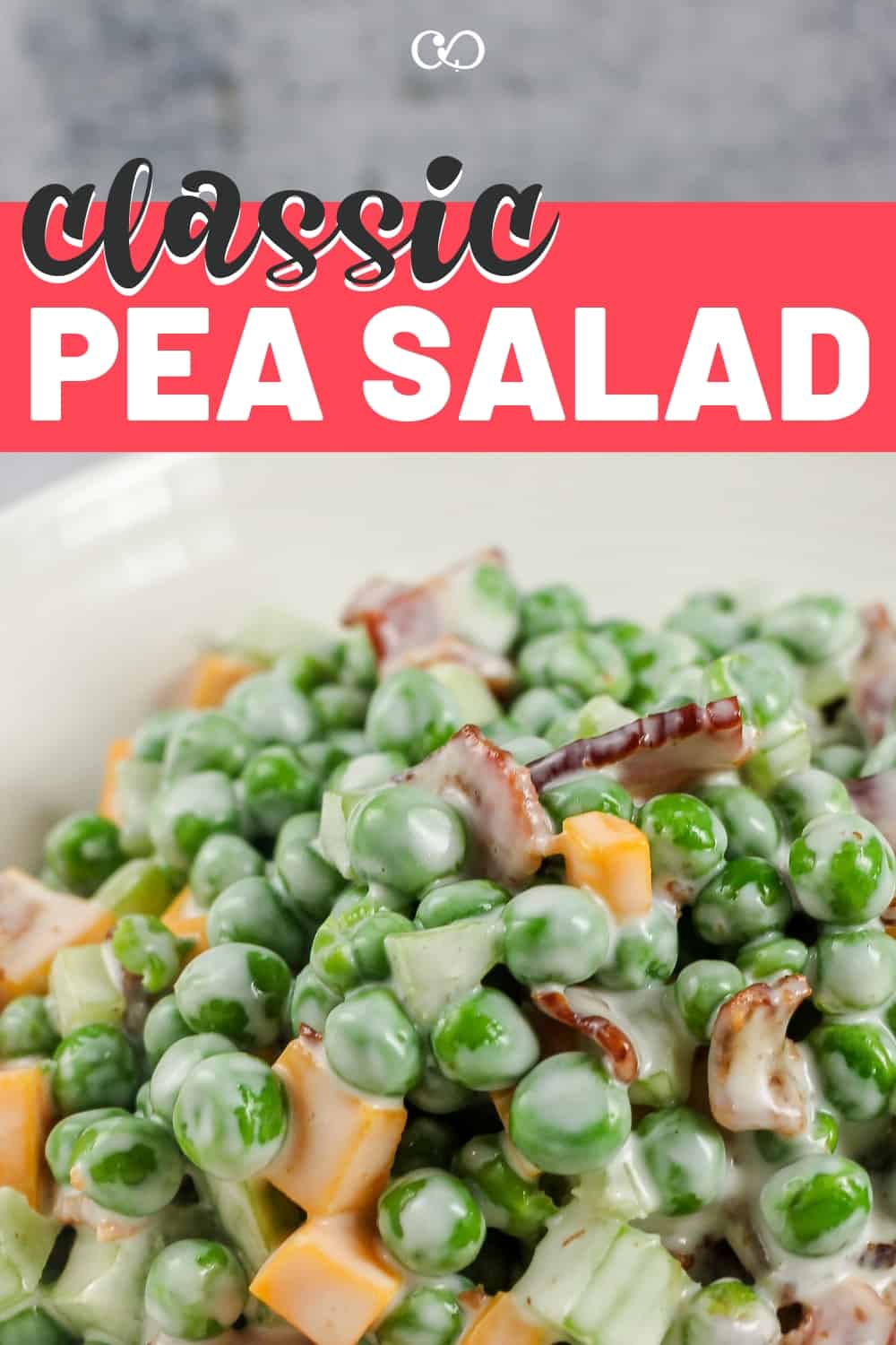 A bowl of creamy Pea Salad with Bacon (Gluten-Free)