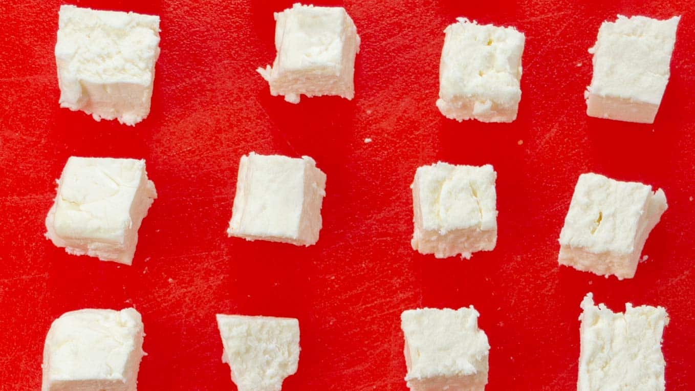 Feta Cheese cut into bite sized pieces. 