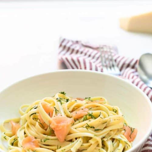 A bowl of Smoked Salmon Pasta.
