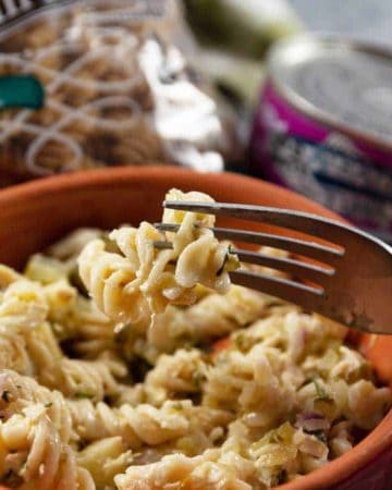 Ready to Eat! A bowl of the best tuna pasta salad.